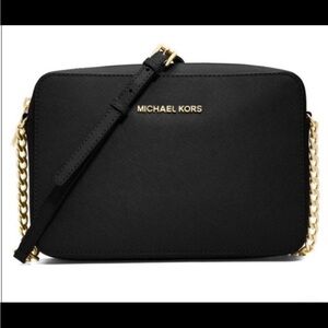 Michael Kors Jet Set Saffiano Leather Crossbody Bag - Black with gold accents